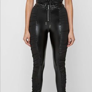 Manière De Voir Ruched Vegan Leather Leggings in Black